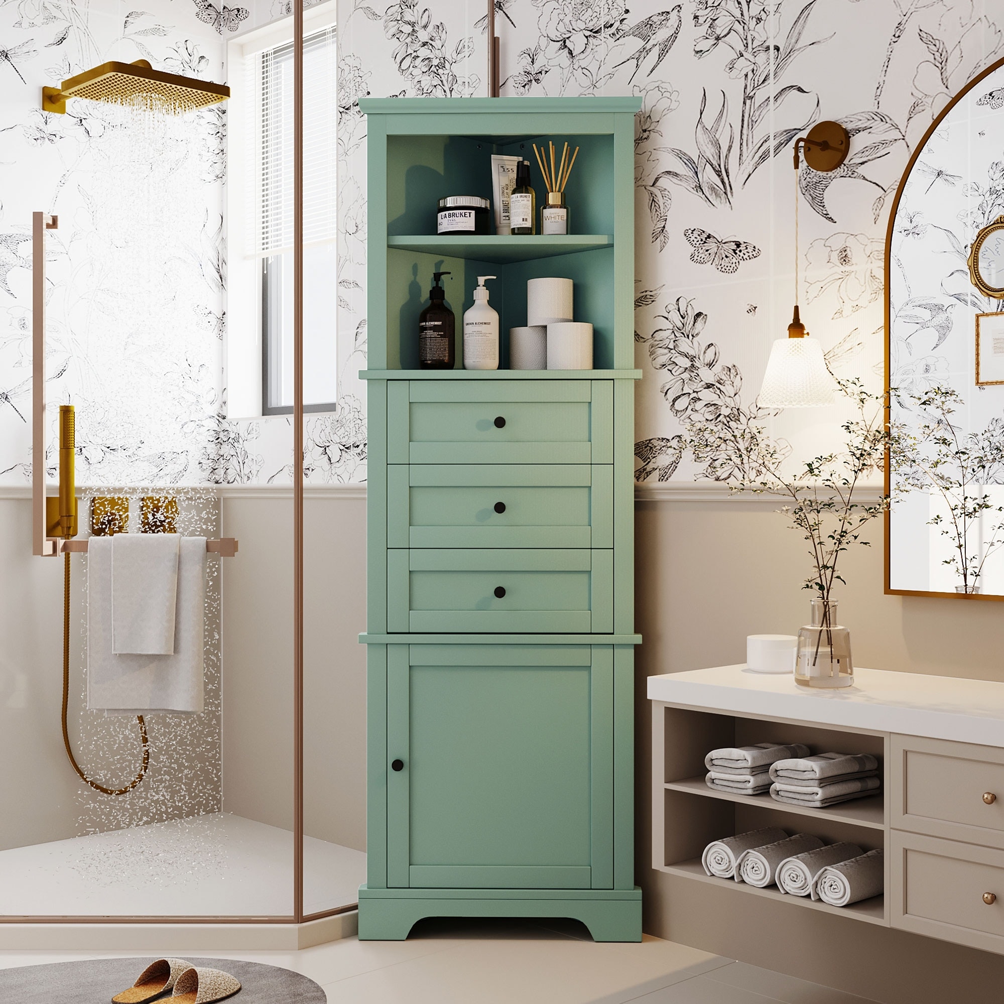 Corner bathroom outlet linen cabinet