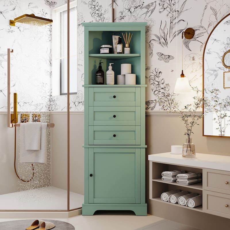 Green Triangle Tall Cabinet With 3 Drawers And Adjustable Shelves For Bathroom