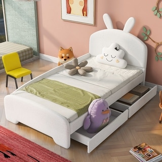 White+2 Drawers Chenille Upholstered Twin Size Platform Bed with Cartoon Ears