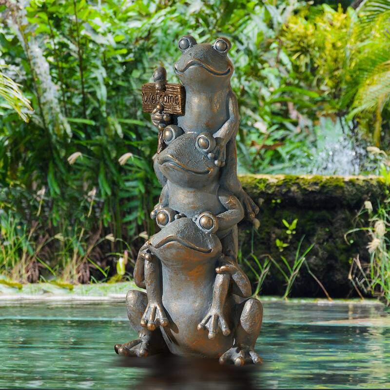 28" H Bronze MgO Lucky Stacked Frogs Garden Statues with "Welcome" Sign Zen-style Coastal-style Sculpture by Glitzhome