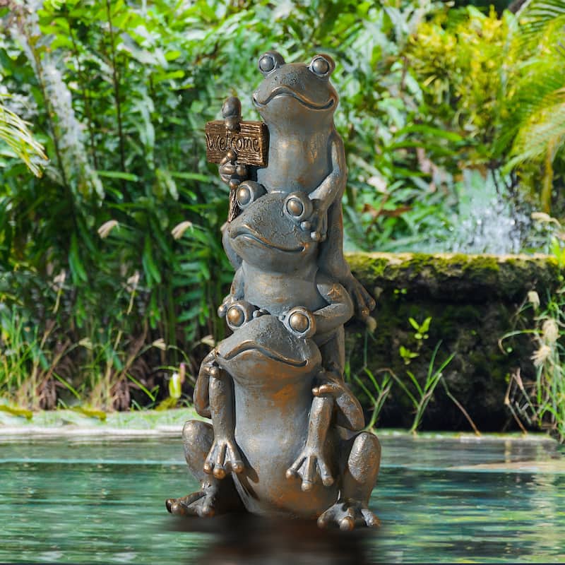 Glitzhome MGO Lucky Stacked Frogs Garden Statues with "Welcome" Sign Zen-style Sculpture