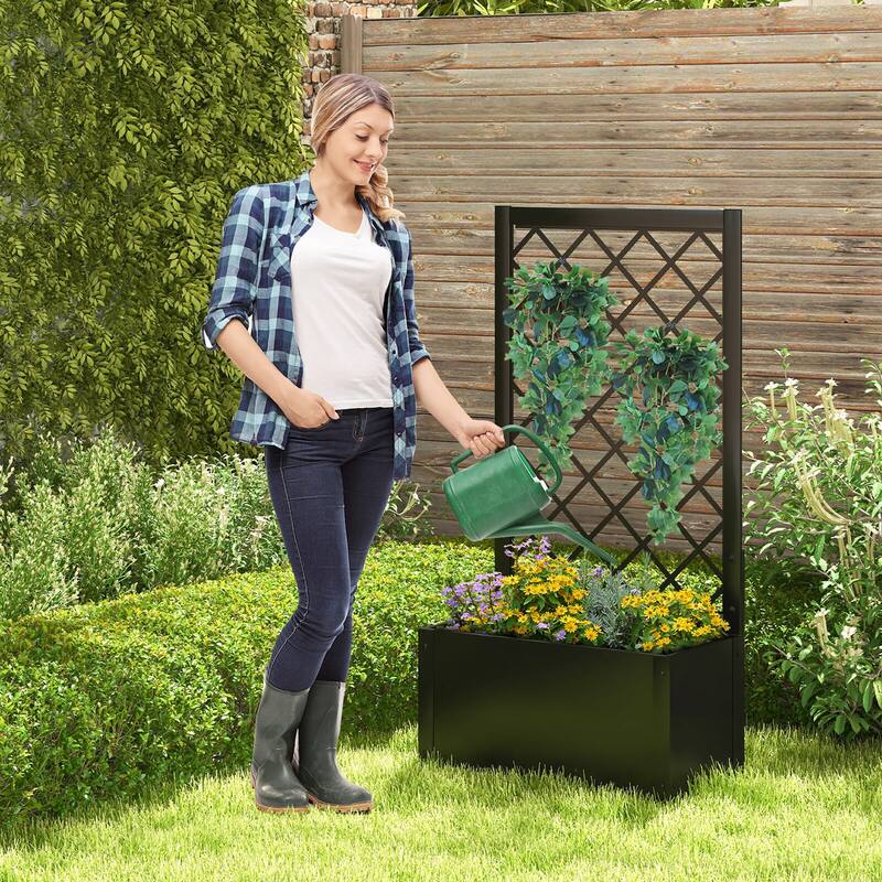 Gymax Raised Garden Bed with Trellis Metal Planter Box w/ Lattice for