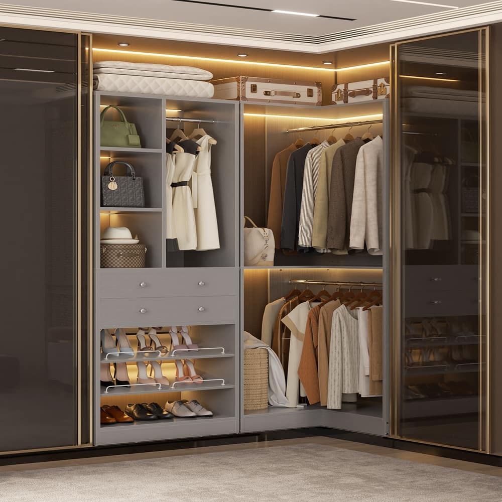 Grimm Set of 2/ 3 Coner Closet System with Shoe Racks and Drawers, Freestanding Closet Organizer with Hanging Rods and Shelves