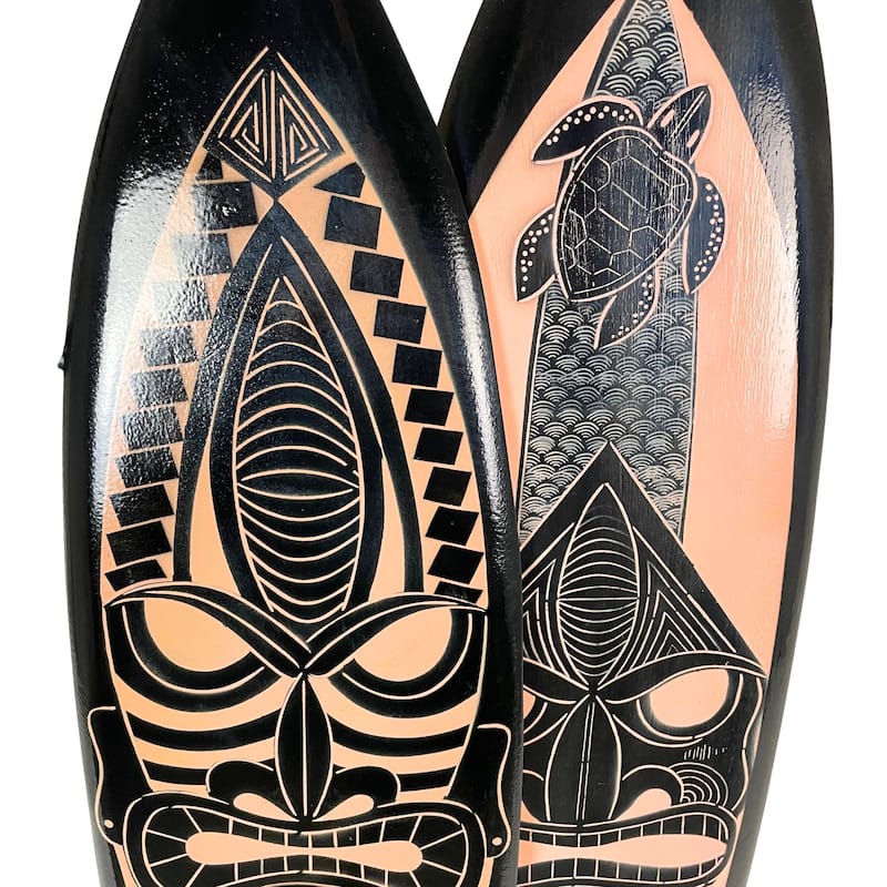 Set Of 2 Surfboards Tiki Mask Design, 39" Wood Wall Art, Tropical