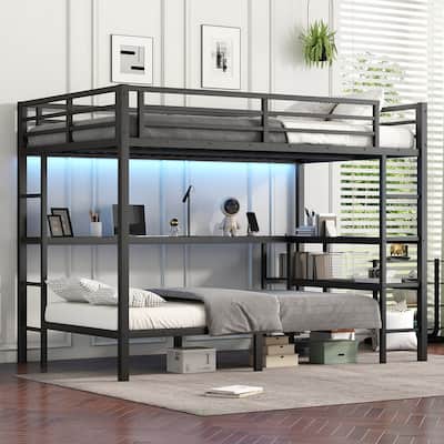 FULL XL Over Twin Bunk Bed with Desk, Shelves, LED Lights & USB, Multi-Placement Design, Black