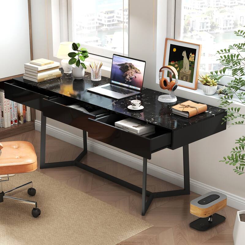 Roomfitters Modern Black Computer Desk with Drawers, 70.87" Writing Table with Y-Shaped Metal Legs - Black