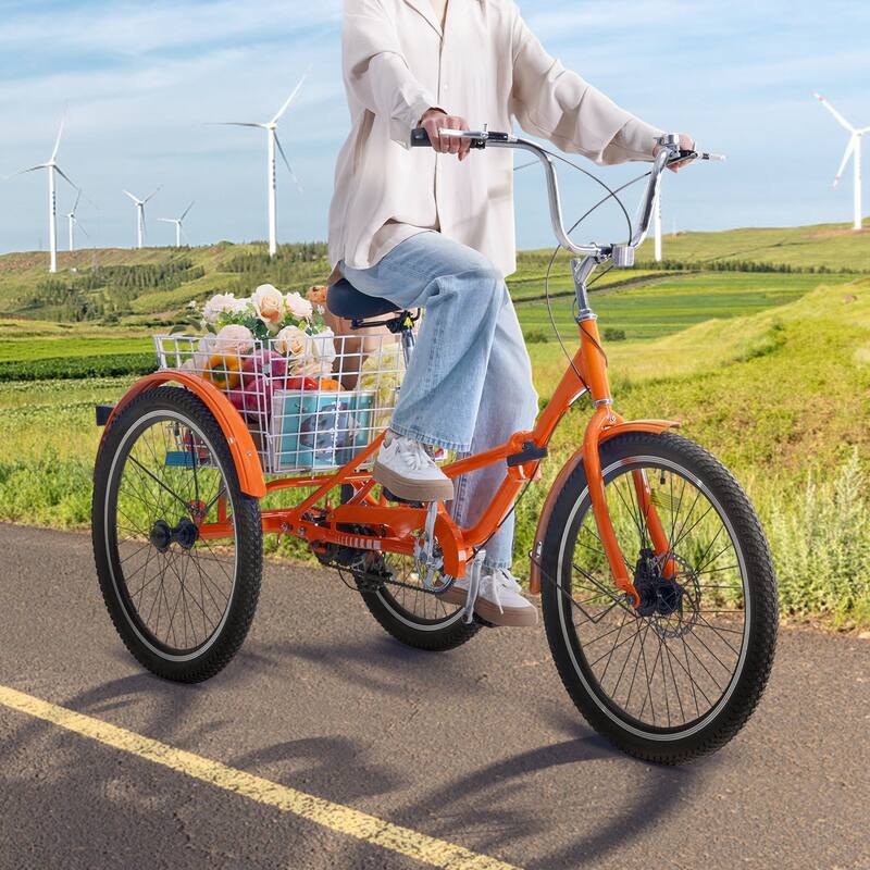 Orange Aluminum Folding Adult Tricycle with Basket and Dual Brakes - 61.8” L x 29.9” W x 40.4” H