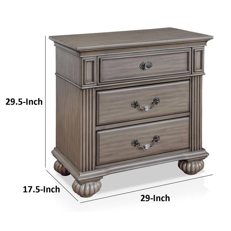 Recus Classic Nightstand with 3 Drawers, Acrylic Accents, Gray Solid Wood