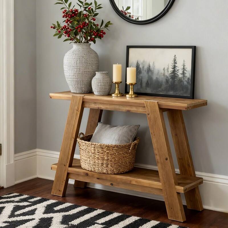 43 Inch Solid Wood Entryway Console Table, 2-Tier Small Farmhouse Sofa Table Behind Couch - 43.31" W × 11.61" D × 31.5" H