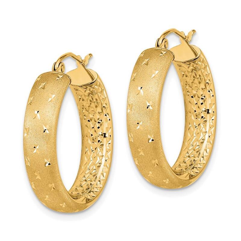 Curata 14k Yellow Gold Satin and Diamond Cut In Out Hoop Earrings 26x5.75mm