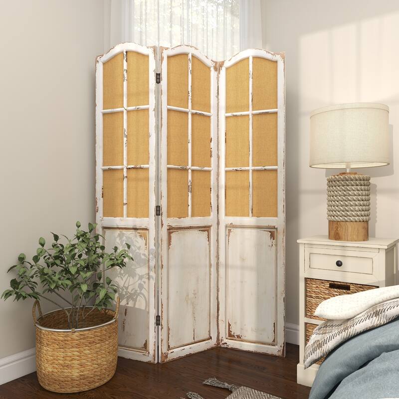 Beige Wood Hinged Foldable Partition 3 Panel Partition Room Divider Screen with Burlap Window Pane Design