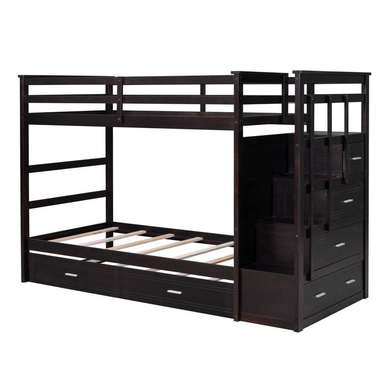 Twin Over Twin Bunk Bed with Trundle and Storage Drawers, Staircase Bunk Frame for Kids and Teens