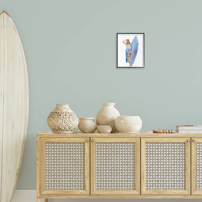 Stupell Trendy Surfer Girl in Blue Framed Giclee Art Design By Ziwei Li