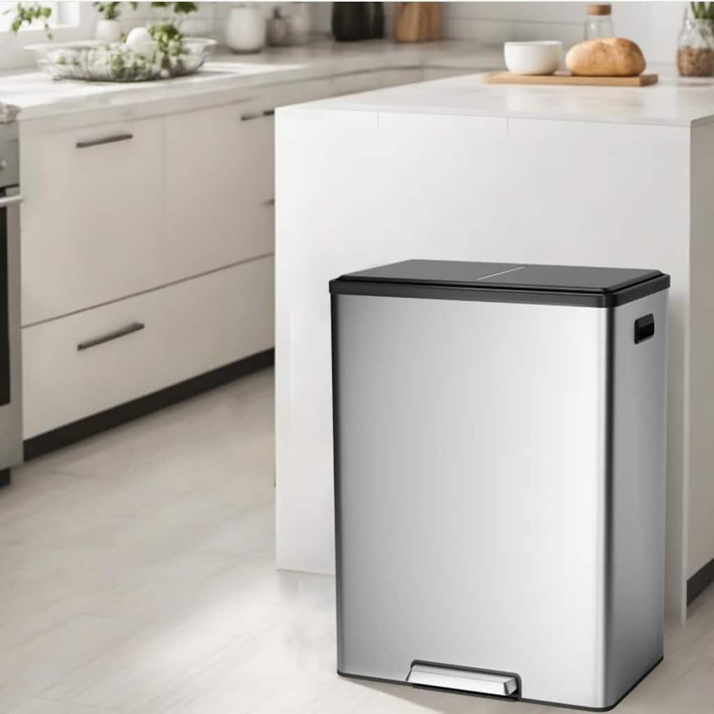 2 x 8 Gallon (2 x 30 L) Stainless Steel Step Trash Can, Dual Compartment with Removable Buckets, Soft-Close Lid
