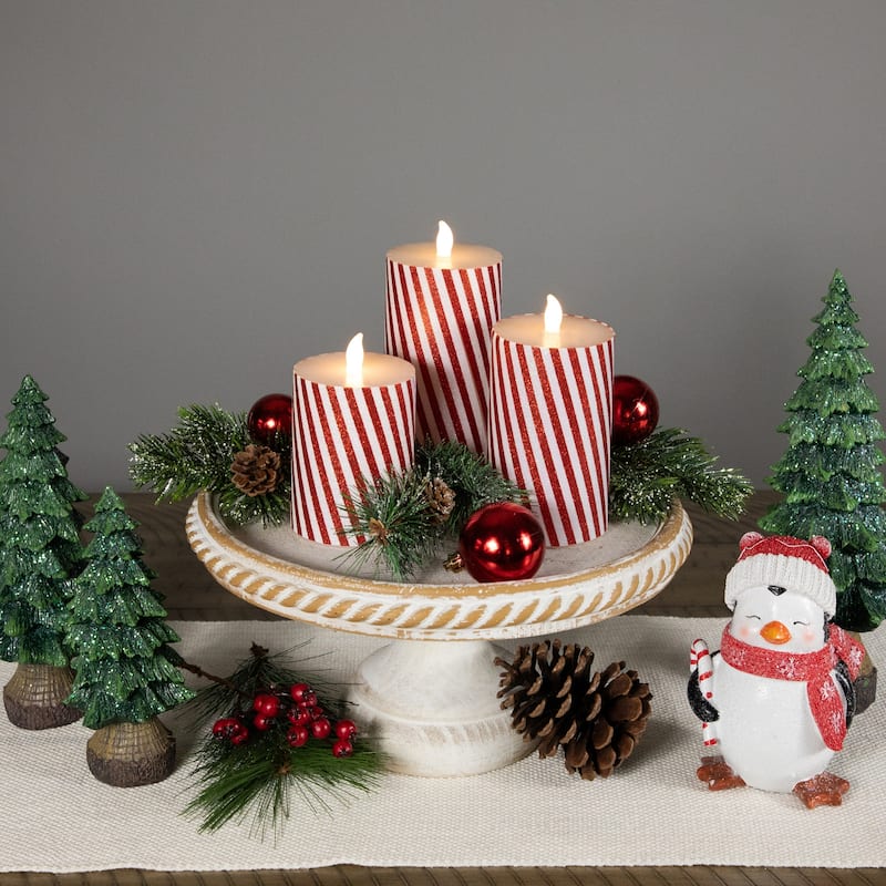 LED Flickering Flameless Candy Cane Striped Christmas Wax Pillar Candles - 6" - Set of 3