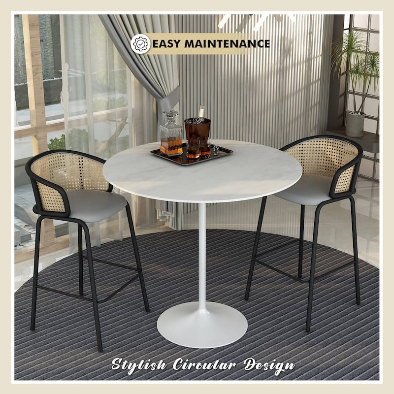 LeisureMod Verve 48" Round Bar Dining Table with Stone TableTop and White Steel Base for Kitchen & Dining Room