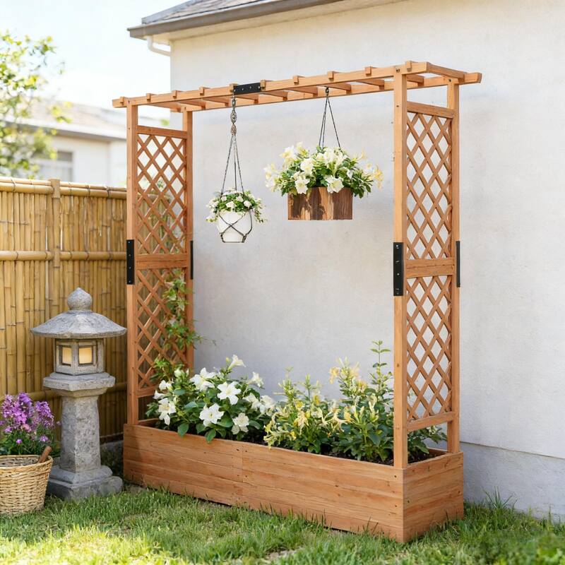 Raised Garden Planter with Trellis and Drainage for Flowers Vegetables