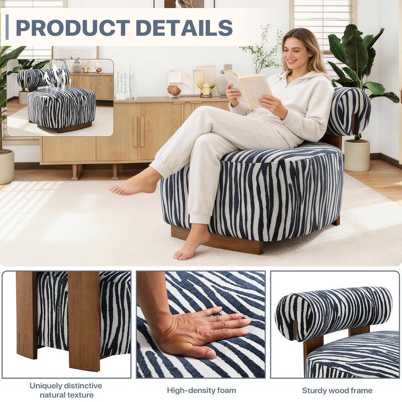 Rossetta Zebra-Striped Chenille Fabic Low Cylindrical Backrest Armchair with High-Quality Foam Cushion
