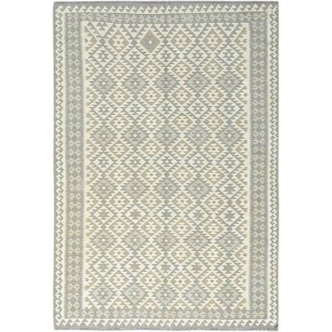 Shahbanu Rugs Earth Tone Colors Hand Woven Afghan Kilim Geometric Design Undyed Natural Wool Reversible Rug (6'6" x 9'6")