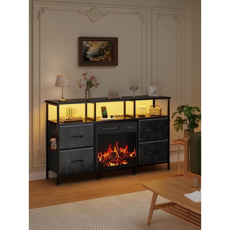 BOSSIN Fireplace TV Stand & Entertainment Center with LED Lights, 4 PU Leather Drawers, Open Shelves, and Built-in Power Outlets - Black
