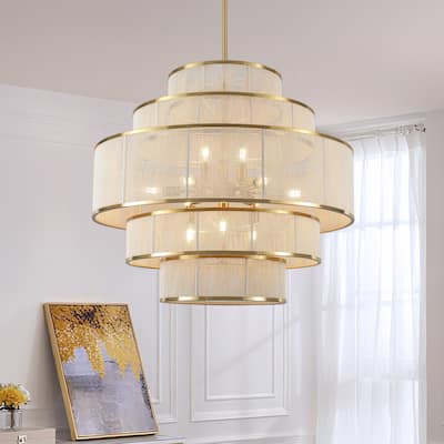 12-Light Boho 5-Tier Hand Woven Rattan Drum Chandelier-30.12 "W x 27.56"H - Brushed Gold