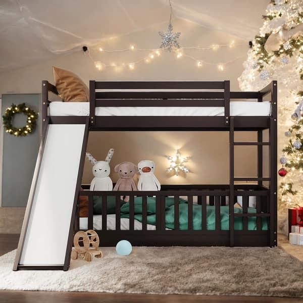 slide 2 of 17, Twin Over Twin Bunk Bed With Convertible Slide and Ladder for Bedroom Espresso