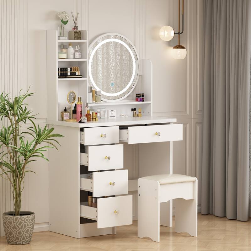 31.5'' W Makeup Vanity Set with Stool and Mirror LED Light Dressr - White