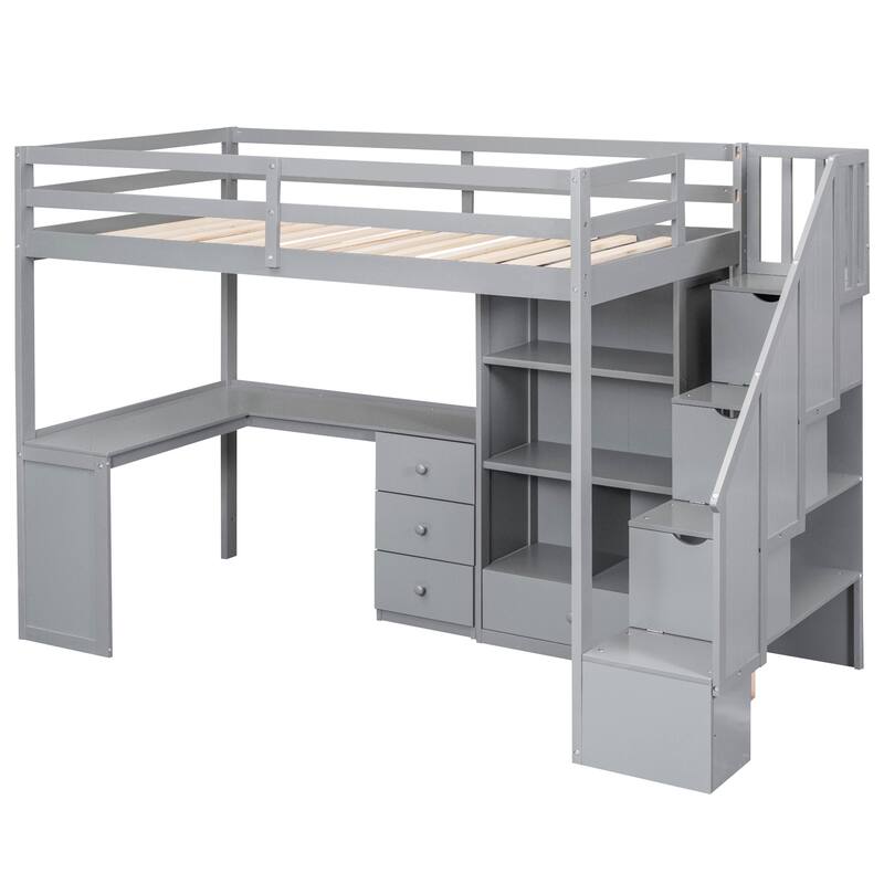 Twin/Full Loft Bed with L-Shaped Desk and Storage Staircase, Multi-Functional Solid Wood Loft Bed Frame with Drawers & Bookcase