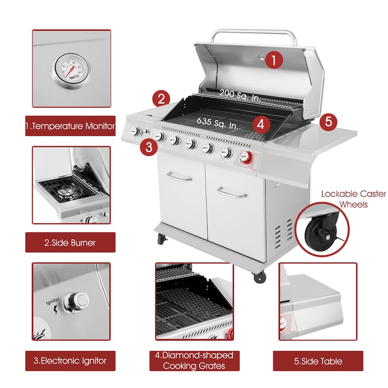Royal Gourmet Stainless Steel 6-Burner Grill with Sear&Side Burner
