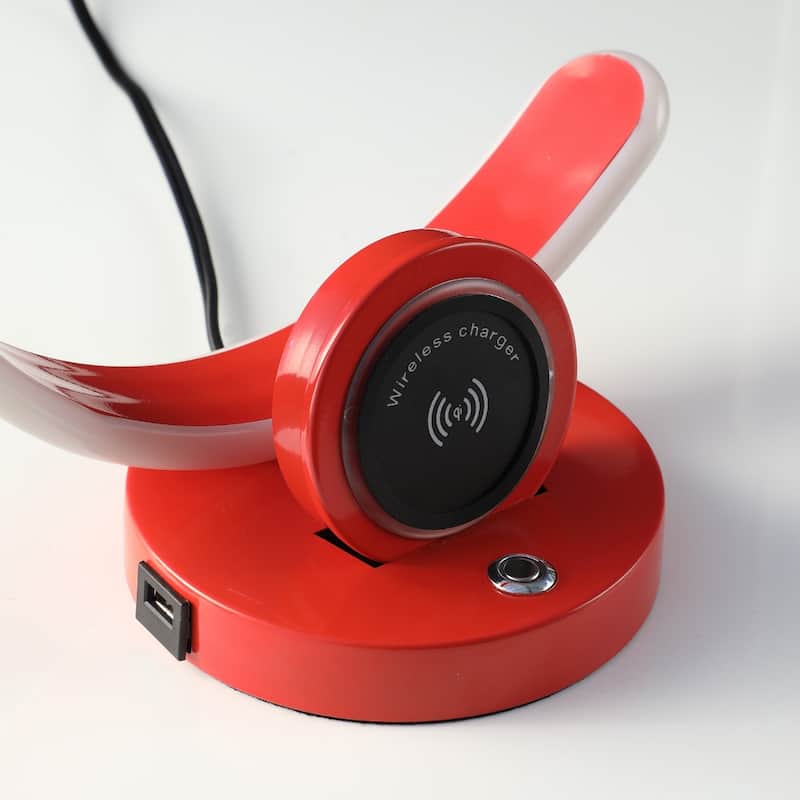 Red Metal LED Desk Lamp with USB Port, Wireless Charger and Dimmer - 11” x 6” x 13.25” (D x W x H)