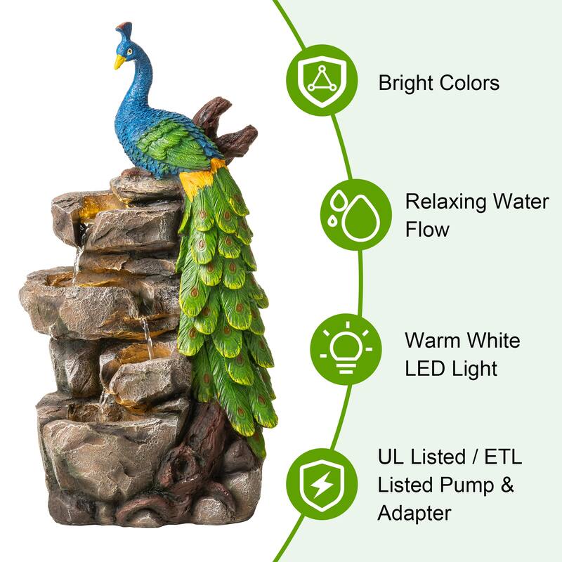 Glitzhome 20.5"H 4-Tierd Lighted Peacock Stacked Stones Polyresin Outdoor Floor Fountain