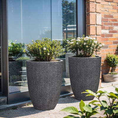 2-Piece Tall Tapered Round Plastic Planters Set, Mediterranean Style