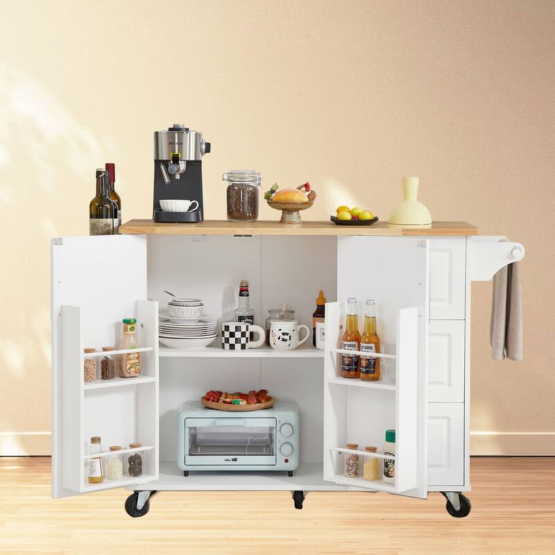 Rolling Kitchen Cart with 3 Drawers, Shelves, and Locking Casters - Multipurpose Bar Cart and Coffee Station - White