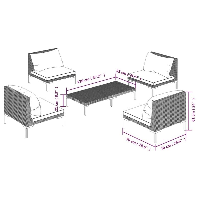 vidaXL Patio Lounge Set with Cushions Poly Rattan - 27.6" x 27.6" x 24"