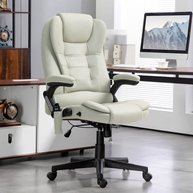 Beige 6 Point Vibrating Massage Office Chair with Heat, High Back Executive Office Chair with Reclining Backrest - Beige
