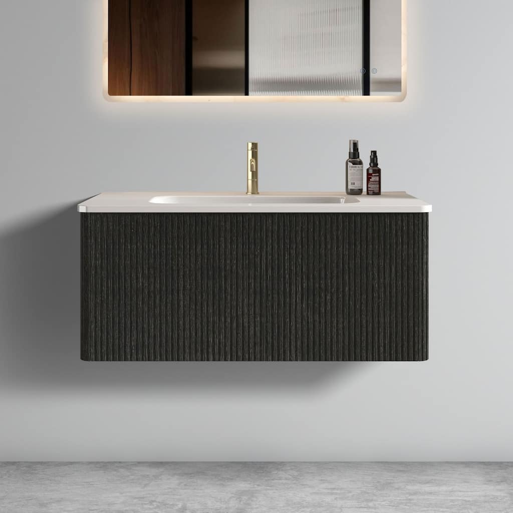 36" Etna Floating Vanity with White Ceramic Sink, Striped Black Oak Texture, Curved Edges