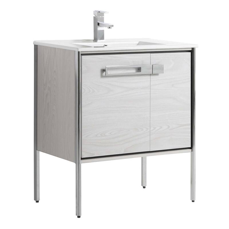 Fine Fixtures Oakville Bathroom Vanity with White Ceramic Sink - 30 Inch - Mild Grey Oak - Chrome Hardware