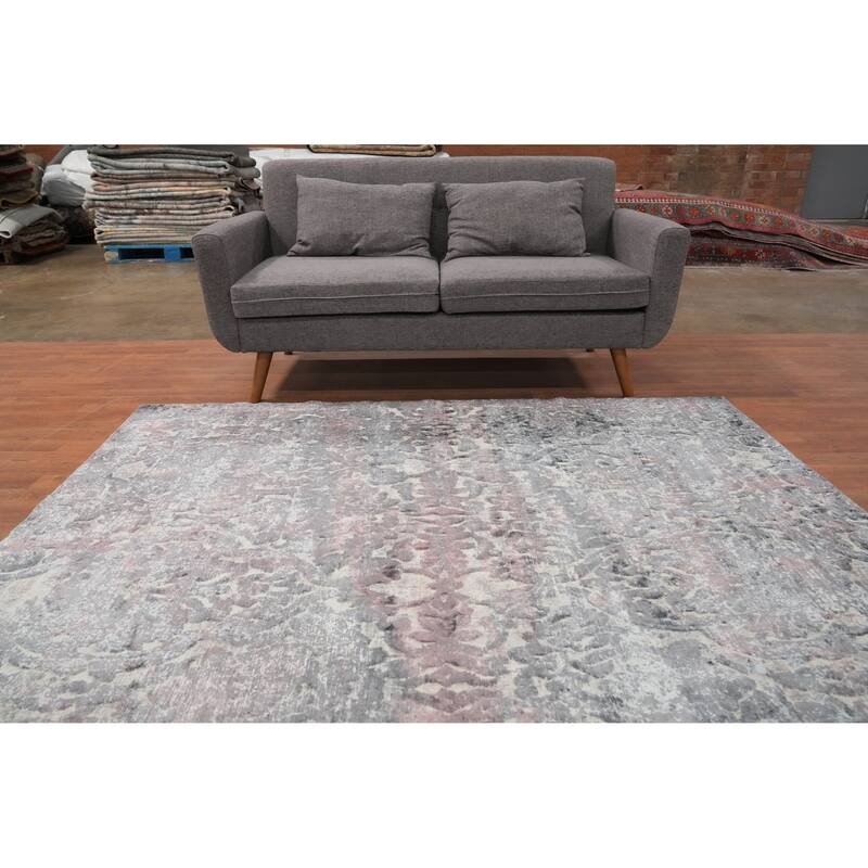 Hand Knotted Oriental Viscose Silk Carpet Modern Floral Greys & Charcoal Abstract Area Rug - 6' 11'' X 5' 6''