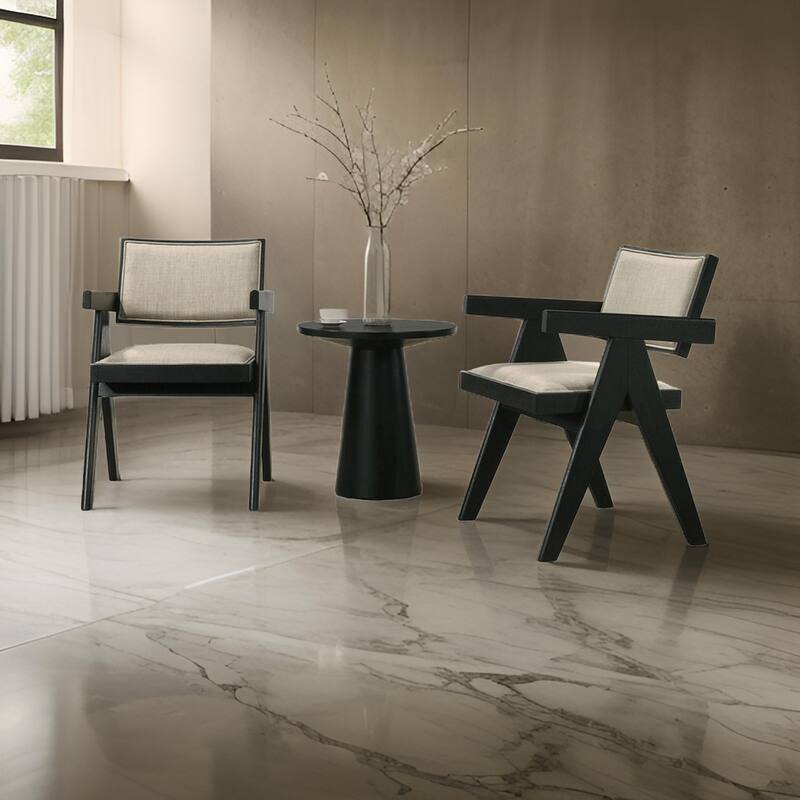 Bili 3pc Dining Armchair and Side Table Set, Open Backrests, Beige, Black