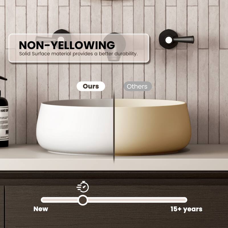 Solid Surface Vessel Bathroom Sink with Pop-Up Drain and Drain Hose, Modern Above Counter Wash Basin with Center Drain