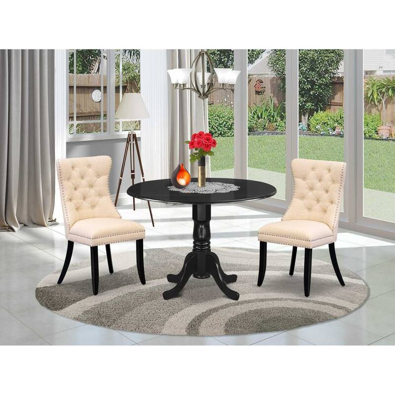 3-Piece Black Finish Solid Wood Top-Round Upholstered Dining Room Set -Seats 4