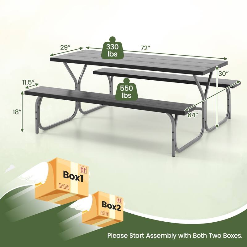 72 Inch 8-Person Outdoor Picnic Table and Bench Set with HDPE Wood-Texture Top and with Built-in Umbrella Hole