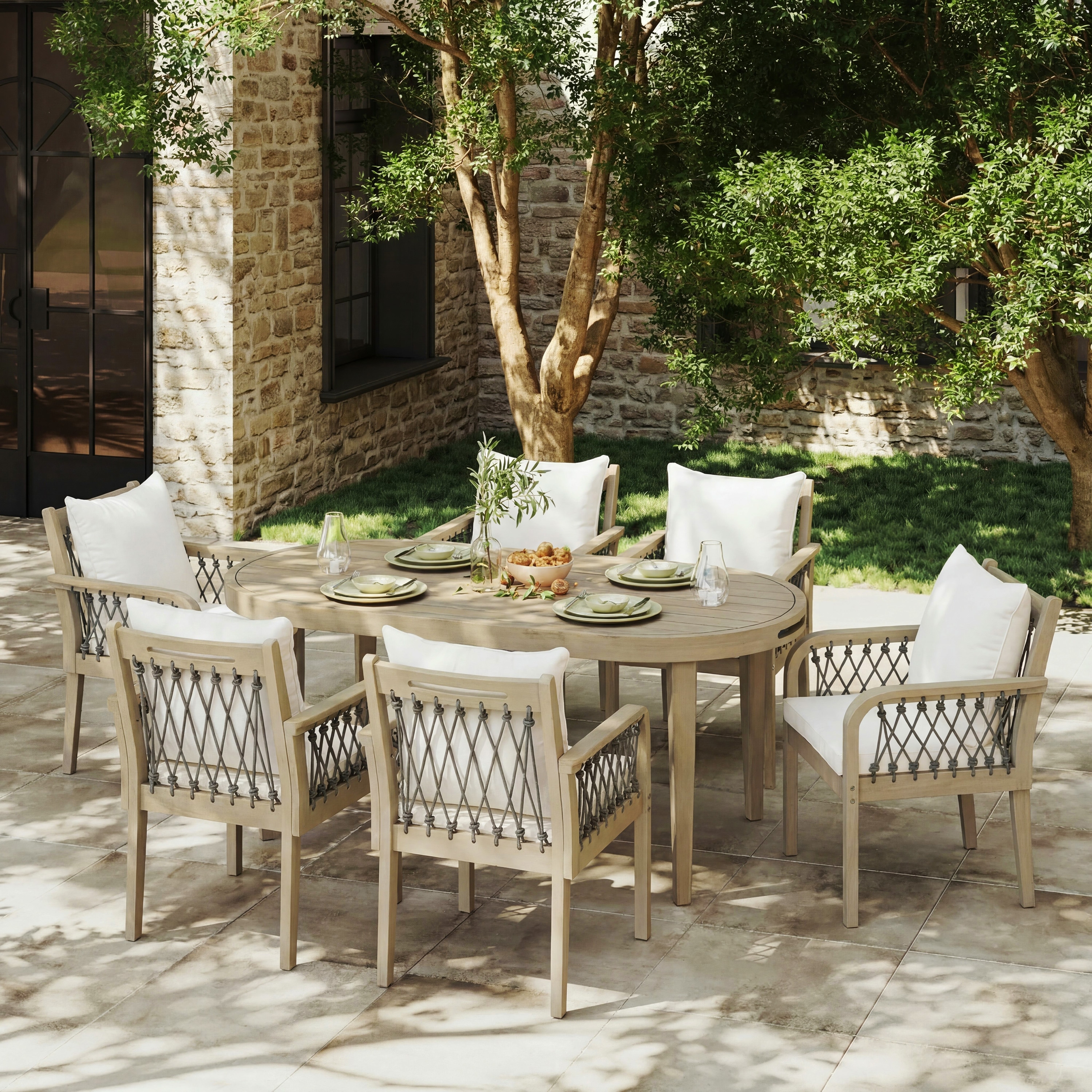 Christopher Knight Home - 7-Piece Outdoor Acacia Wood Dining Set with Oval Slatted Table, Rope Accent Dining Chairs