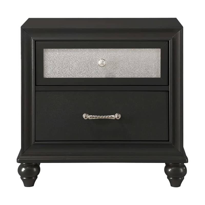 Lexi Nightstand, 2 Drawers, Silver Handles and Knobs, Black Veneer