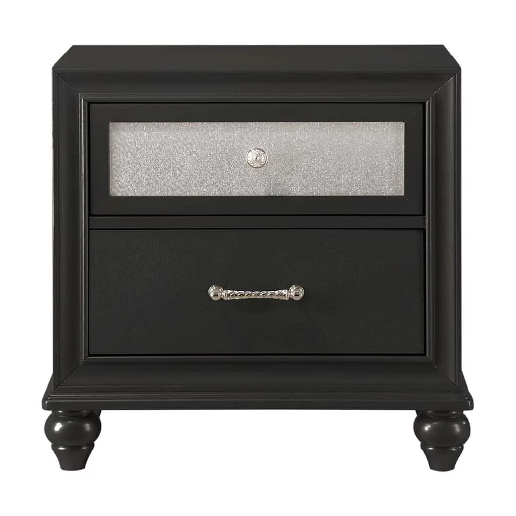 Lexi Nightstand, 2 Drawers, Silver Handles and Knobs, Black Veneer