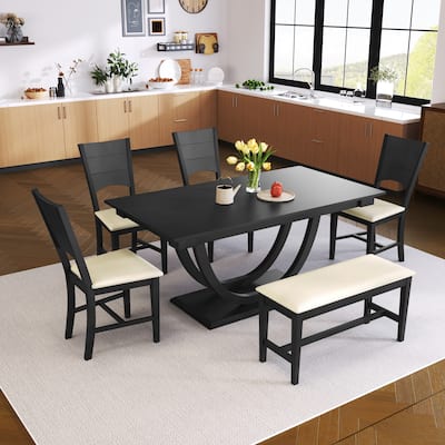 Modern 6-Piece Rubberwood Dining Set with Half Round Dining Table, 4 Chairs & Bench for Dining Room