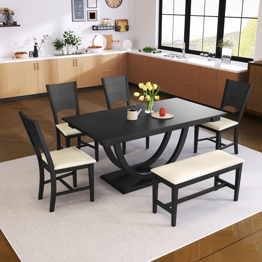Unique Wood Dining Table Set with Bench and 4 Dining Chairs