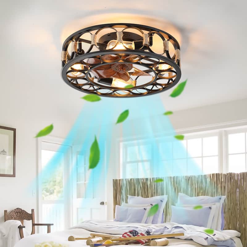 19.7 Inch Caged Ceiling Fan with Lights Remote Control, Low Profile Flush Mount Farmhouse Modern Ceiling fans - Black
