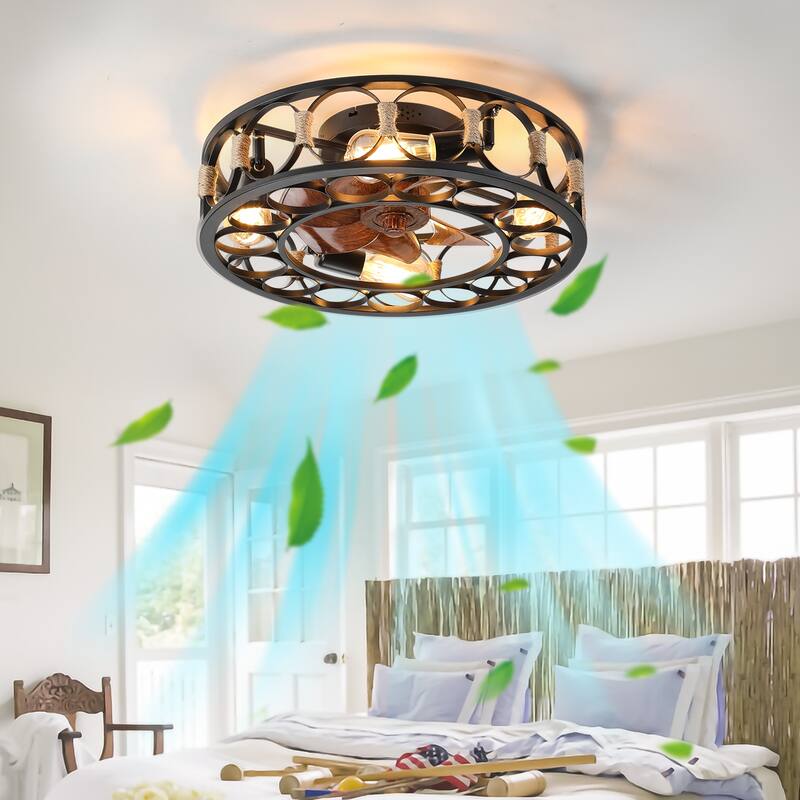 Caged Black Ceiling Fan with Lights Remote Control, Flush Mount 6 Speeds Reversible Ceiling Fan, LED Bulbs Include - 20 Inch