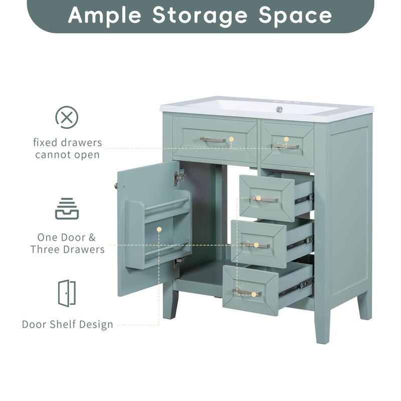 30" Bathroom Vanity with Sink Combo, Green Bathroom Cabinet with Drawers, Solid Frame and MDF Board